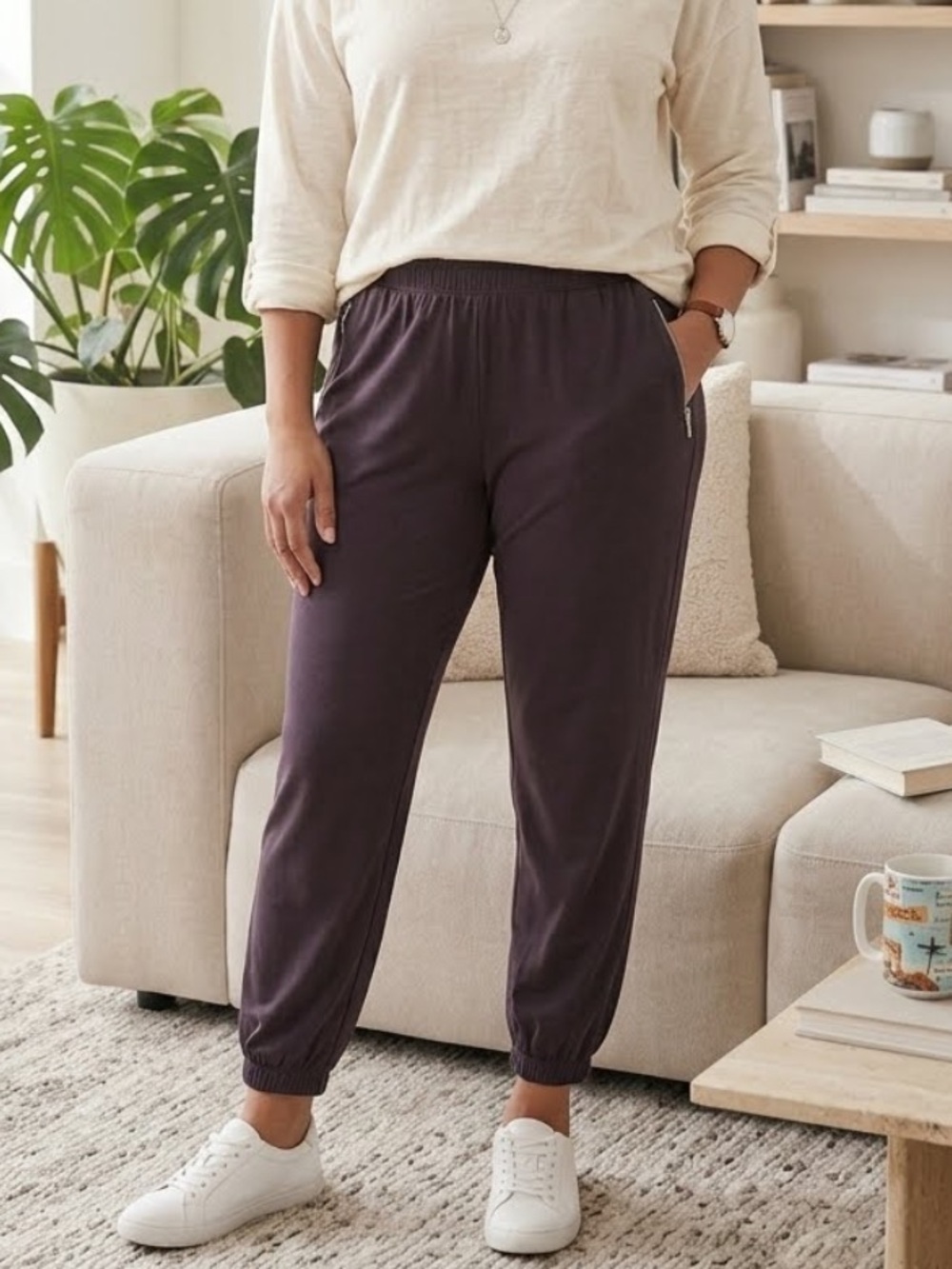 Chico’s 3 Ankle Joggers Pants Brown Jersey Knit Stretch Comfy Travel Casual XL
